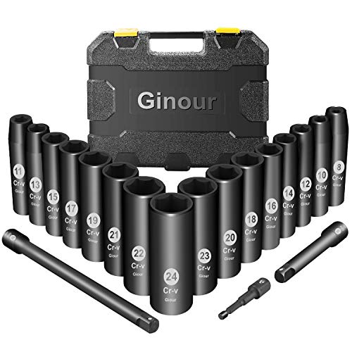 Juego de Llaves de Vaso de Impacto, Ginour 19psc Vasos de Impacto Profundo de 1/2" Profesionales, Máximo 6 Puntos torque, con 3 '' 5 '', 10 '' Barras de Extensión, para reparación de autos o muebles