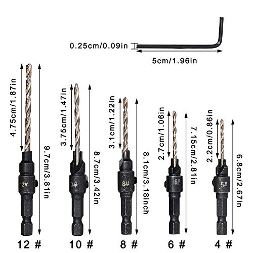 KingBra 5 6 8 10 12 mm Juego de brocas avellanadas, juego de 5 brocas de vástago hexagonal ajustable de cambio rápido con llave para agujeros de perforación de madera, herramientas de carpintería