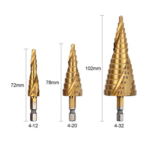 Kit Broca Escolonada - 3 PCS Brocas Escalonadas HSS Con 6 PCS Avellanadoras 90°HSS 6.3-20.5mm y Punzón Central Automático con Tapa Vástagos Hexagonales 1/4 29 Tamaños 4-32 mm