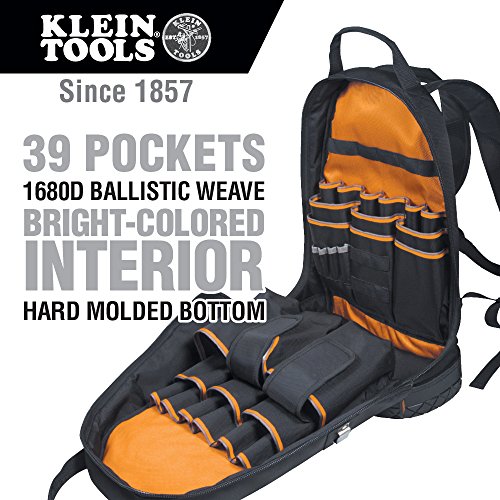 KLEIN TOOLS Mochila, bolsa de herramientas para electricista, organizador Tradesman Pro, 39 bolsillos y base moldeada, negro, 55421BP-14