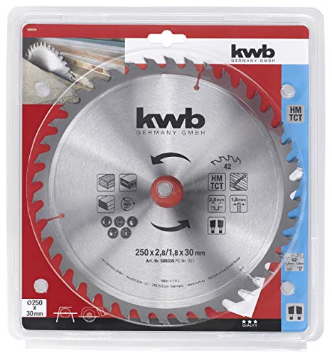 kwb 589359 - Hoja de sierra circular para sierras circulares de mesa (250 x 30, dentado alterno para cortes medios, Z-42 dientes)