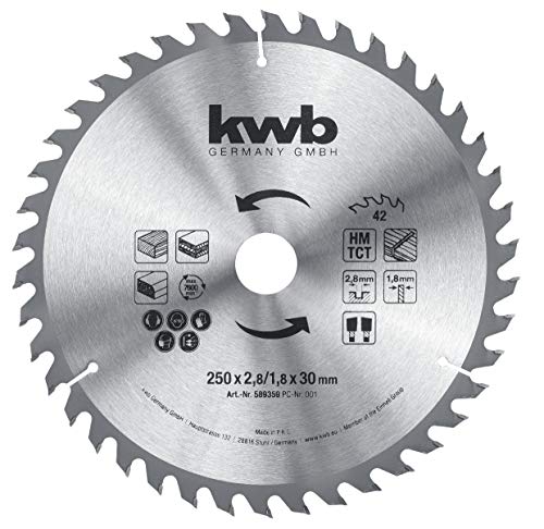kwb 589359 - Hoja de sierra circular para sierras circulares de mesa (250 x 30, dentado alterno para cortes medios, Z-42 dientes)