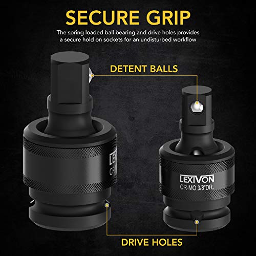 LEXIVON Premium Impact Juego de llaves de vaso giratorio | 3 piezas diseño de resorte de bola de 1/2", 3/8" y 1/4" unidad de junta en U | Cr-Mo Steel = grado de impacto completo (LX-113)