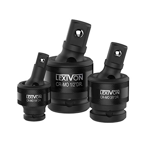 LEXIVON Premium Impact Juego de llaves de vaso giratorio | 3 piezas diseño de resorte de bola de 1/2", 3/8" y 1/4" unidad de junta en U | Cr-Mo Steel = grado de impacto completo (LX-113)