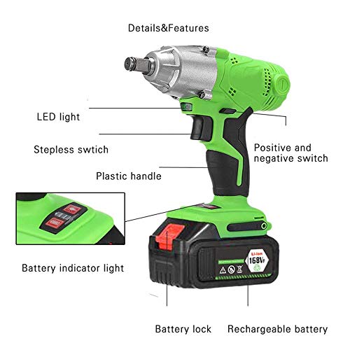 LLGHT Llave de Impacto, Atornillador Impacto, Destornillador 380Nm, 13000 MA Batería de Litio, 4200rpm, 3800ipm, Eje de Acero de Tungsteno, Traje Sin Escobillas (Color : Green)