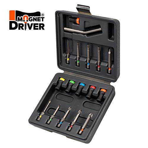 MAGNET DRIVER® SET,caja de plástico resistente con soportes magnéticos Magnet Driver y puntas de diferentes tipos para usar siguiendo el código de color. (Set de 17 Puntas y Soportes Magnéticos)