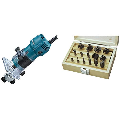 Makita 3709 Fresadora De Cantos 530W 30000 Rpm Pinza 6 Mm 1.5 Kg 530 W, Negro, Azul, 0 & Mannesmann - M54515-15 pieza Juego de fresadoras con eje de 6 mm