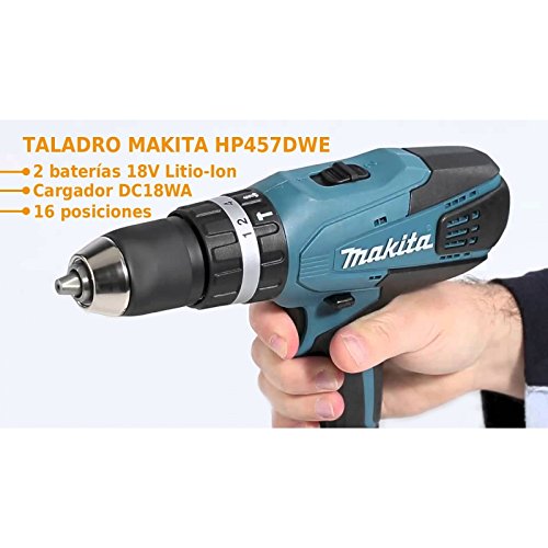 Makita HP457DWE - Taladro Percutor A Bateria 18V Litio-Ion 1.3 Ah