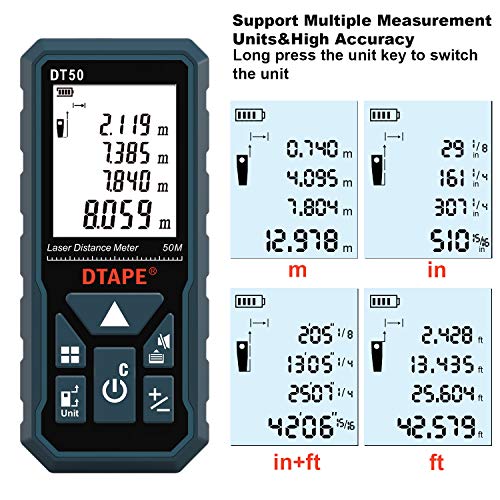 Medidor Láser, DTAPE DT50 Medidor de Distancia Láser 50M / 165 pies, Medidor de Presión Portátil Herramienta de Medición de Flujo digital, Pantalla LCD Retroiluminada más Grande de 4 Líneas IP54