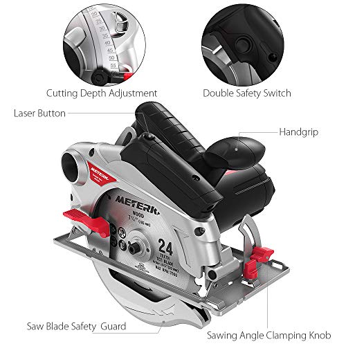 Meterk Sierra Circular, 1500W Sierra Circular 4700RPM, Corte 65mm (90º), 45mm (45º), 2 Discos 24T+40T: 185 * 20 * 2mm, Guía Laser, Doble Interruptor para Madera, Metal Delgado, Plástico, etc