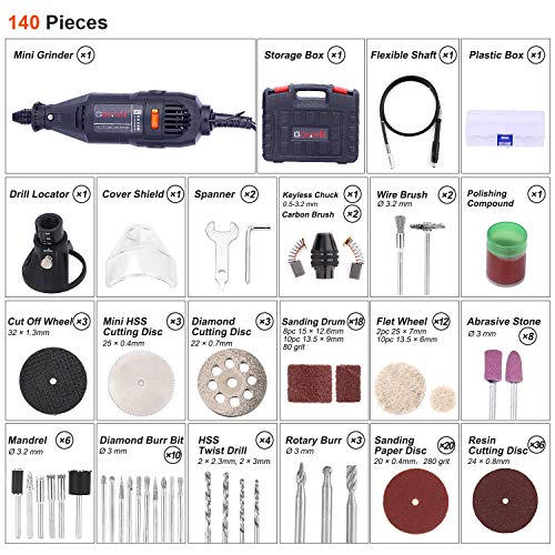 Mini amoladora 140 Accesorios, GOXAWEE 130W Multiherramienta Mini amoladora eléctrica Herramienta Rotativa multifunción con Eje Flexible/Portabrocas Sin Llave para Manualidad y Creación Bricolaje