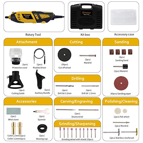 Mini amoladora eléctrica, Ginour Kit de herramientas rotatorias 170W Multifunción con 109 accesorios y 7 Velocidad Variable para DIY trabajos de cortar/lijar/grabar/limpiar/pulir