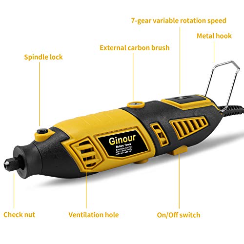 Mini amoladora eléctrica, Ginour Kit de herramientas rotatorias 170W Multifunción con 109 accesorios y 7 Velocidad Variable para DIY trabajos de cortar/lijar/grabar/limpiar/pulir