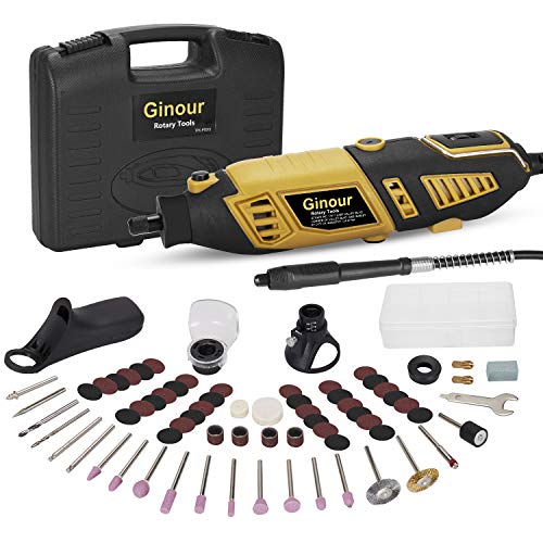 Mini amoladora eléctrica, Ginour Kit de herramientas rotatorias 170W Multifunción con 109 accesorios y 7 Velocidad Variable para DIY trabajos de cortar/lijar/grabar/limpiar/pulir