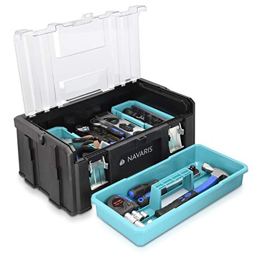 Navaris caja de herramientas de plástico - Organizador con 2 cierres de acero y 1 bandeja extraíble - Maletín para bricolaje con asa de aluminio