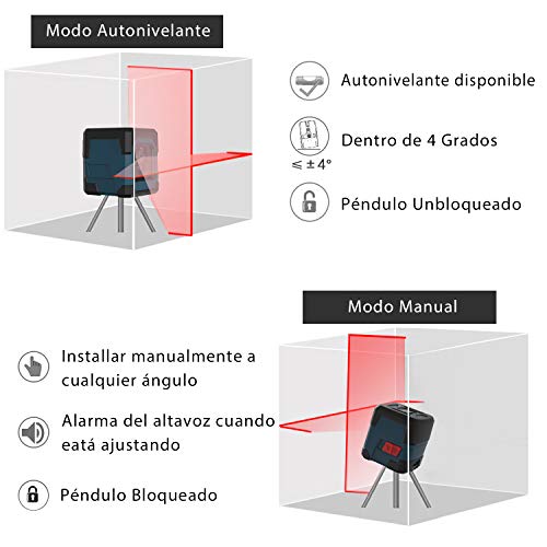 Nivel láser, RockSeed Cross Nivel láser Puntos Horizontales y verticales Giratorio 360 ° Nivel láser autonivelante de 3 vías con modo Manual/Autonivelante IP54 1M a Prueba de Golpes(batería incluida)