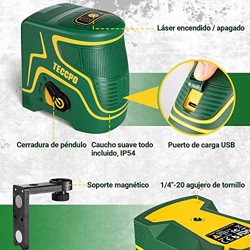 Nivel Láser Verde 30m TECCPO, USB Carga,120°Horizontal y Vertical,Líneas Cruzadas,para Diseño de Interiores,Autonivelación y Función de Pulso,Soporte Magnético,360° Giro,IP54,Bolsa Acolchada -TDLS09P