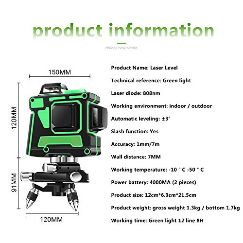 Niveles de láser verde 3D 12 líneas, Autonivelación 360 Cruz horizontal y vertical Super potente Línea de rayo láser verde A