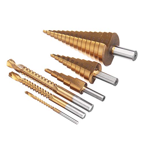 Nuokix 6pcs HSS Cono reducido vástago de la broca de perforación bits puestos Paso de perforación con taladros Saw Conjunto Brocas industriales