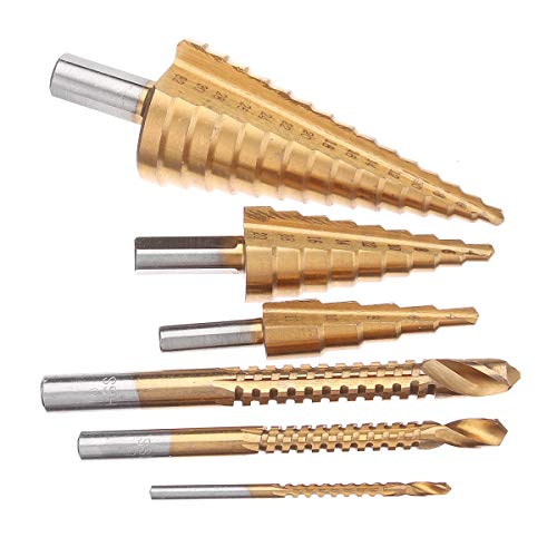 Nuokix 6pcs HSS Cono reducido vástago de la broca de perforación bits puestos Paso de perforación con taladros Saw Conjunto Brocas industriales