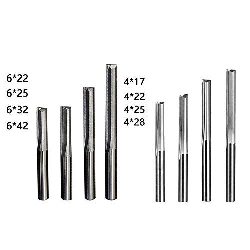 Nuokix Fresa de 6 mm / 4 mm Shank dos flautas directo Router Bits, de madera CNC recta cortadores del grabado Herramientas molino de extremo, de 4 piezas/Set de 6 mm Brocas industriales