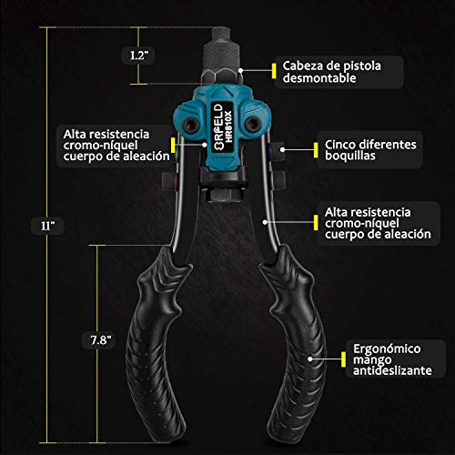 Orfeld Remachadora, Remachadora Manual con 5 Cabezales Intercambiable, 50 Remaches, Empuñadura de Antideslizante PVC, Remachadora Manual 5 en 1 para Plástico, Metal, Cuero, Trabajos Grandes y Pequeños