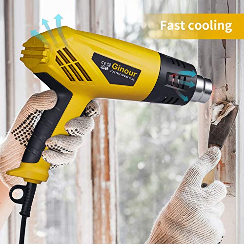 Pistola de Aire Caliente, Ginour 2000W Pistola de Calor 2 Temperatura Decapador 6 Pcs 4 Boquillas 350 ℃~550 ℃ Antideslizante para Pintura Removible, Retracción por Calor