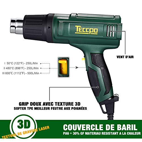 Pistola de aire caliente, TECCPO 2000W 230V profesional eléctrico, 3 configuraciones de Temperatura (50 ℃ / 480 ℃ / 600 ℃), área 500L / MIN, 5 accesorios, Calentamiento rápido