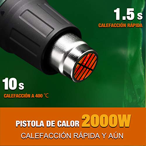 Pistola de aire caliente, TECCPO 2000W 230V profesional eléctrico, 3 configuraciones de Temperatura (50 ℃ / 480 ℃ / 600 ℃), área 500L / MIN, 5 accesorios, Calentamiento rápido