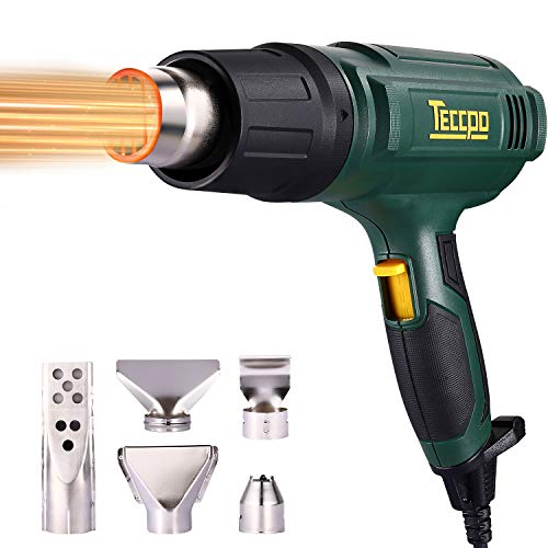 Pistola de aire caliente, TECCPO 2000W 230V profesional eléctrico, 3 configuraciones de Temperatura (50 ℃ / 480 ℃ / 600 ℃), área 500L / MIN, 5 accesorios, Calentamiento rápido