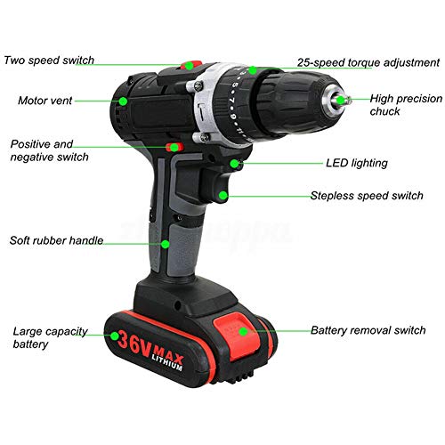 POOPFIY Taladro inalámbrico 36V Destornillador eléctrico Par máximo de 28 NM, Taladro Llave 3 en 1 inalámbrico Taladro eléctrico Destornillador Mini Drill Power Tools