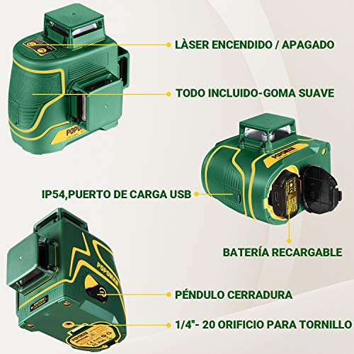 POPOMAN Nivel Láser Verde, 3x360° Profesional Línea Laser,para Diseño de Interiores,USB Carga,Autonivelación, Función de Pulso,bolsa(incl. 5200mAh batería de litio y Base Magnética)