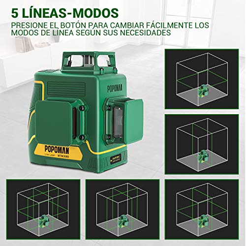 POPOMAN Nivel Láser Verde, 3x360° Profesional Línea Laser,para Diseño de Interiores,USB Carga,Autonivelación, Función de Pulso,bolsa(incl. 5200mAh batería de litio y Base Magnética)