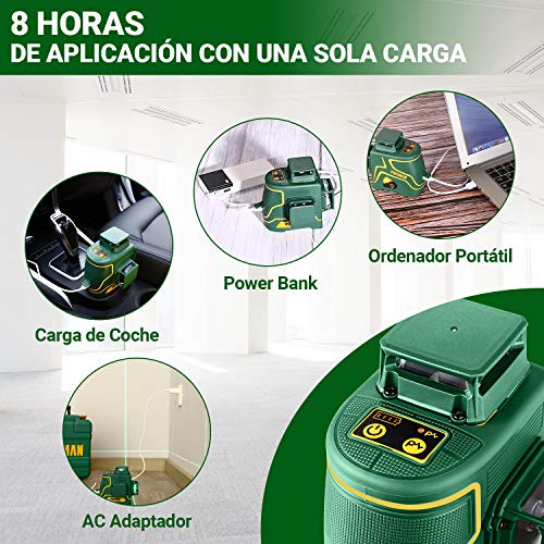 POPOMAN Nivel Láser Verde, 3x360° Profesional Línea Laser,para Diseño de Interiores,USB Carga,Autonivelación, Función de Pulso,bolsa(incl. 5200mAh batería de litio y Base Magnética)