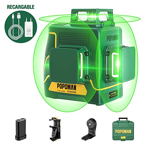 POPOMAN Nivel Láser Verde, 3x360° Profesional Línea Laser,para Diseño de Interiores,USB Carga,Autonivelación, Función de Pulso,bolsa(incl. 5200mAh batería de litio y Base Magnética)