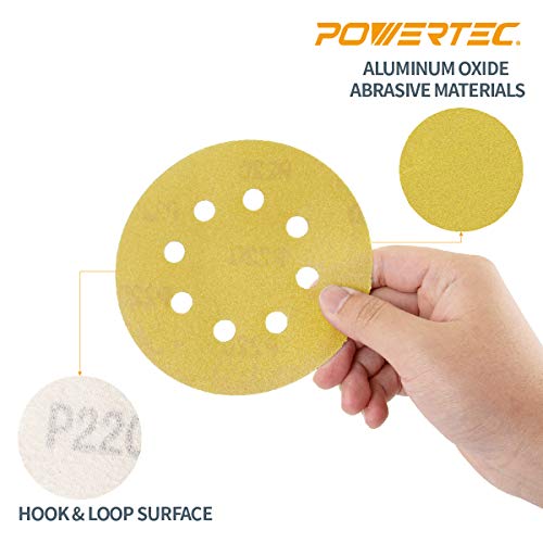 Powertec 44010 G-50 5 "8 agujero 100 Grit gancho y bucle discos de papel de lija (50 unidades), color dorado