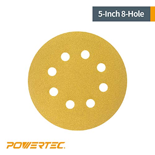 Powertec 44015 G-50 5 "8 agujero 150 Grit gancho y bucle discos de papel de lija (50 unidades), color dorado