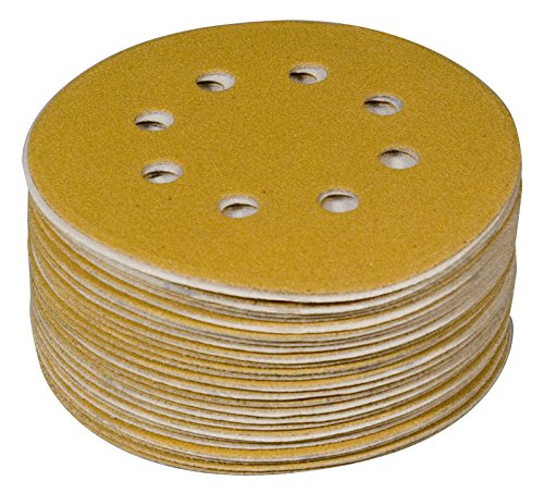 Powertec 44015 G-50 5 "8 agujero 150 Grit gancho y bucle discos de papel de lija (50 unidades), color dorado