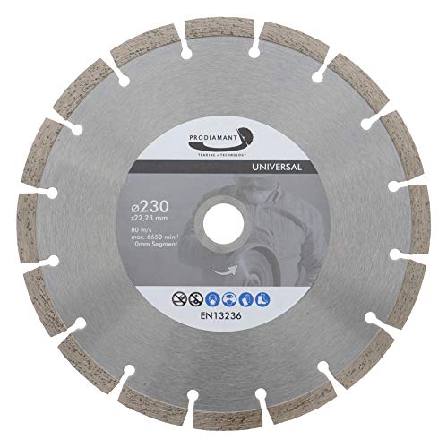 PRODIAMANT Disco de corte de diamante, 230 x 22,2 mm, 10 mm, segmento profesional con alta concentración de diamante, hormigón, piedra, ladrillo, universal, 230 mm, para corte en seco y húmedo