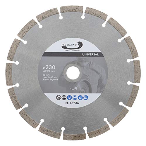 PRODIAMANT Disco de corte de diamante, 230 x 22,2 mm, 10 mm, segmento profesional con alta concentración de diamante, hormigón, piedra, ladrillo, universal, 230 mm, para corte en seco y húmedo