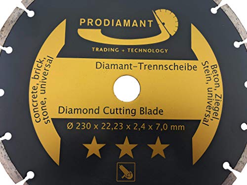 PRODIAMANT - Disco de corte de diamante, 230 x 22,2 mm, para hormigón, piedra, ladrillo, universal, 230 mm, para cortar en seco y en masa