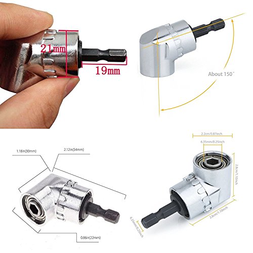 QISF Juego de 2 brocas de ángulo recto de 105 grados 1/4 pulgadas, adaptador de vástago hexagonal, herramienta para taladro eléctrico + 1 kit de extensión de ángulo flexible