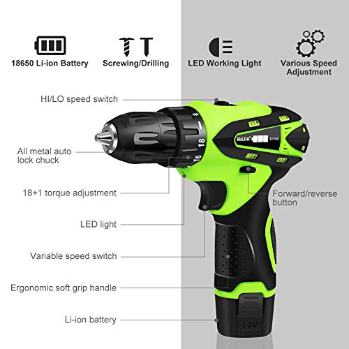 Qnlly Taladro eléctrico 12V, Taladro inalámbrico de Litio, Destornillador Mini Herramientas eléctricas Herramienta rotativa, Variable Reversible Velocidad, de Mitad de Mango