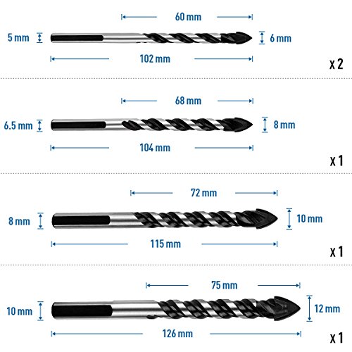 QWORK Juego de brocas con punta de carburo de tungsteno para azulejos, hormigón, ladrillo, vidrio, plástico y madera, 6 , 8 , 10 y 12 mm