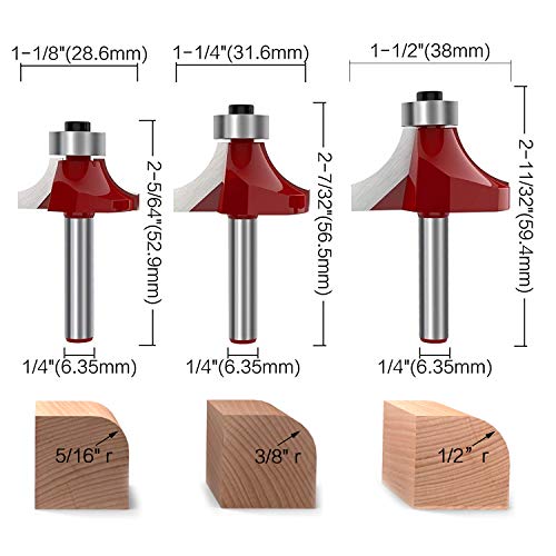 RKURCK 1/4" Shank Brocas de fresado redondeadas sobre bordes Juego de herramientas de bordes redondeados para formar bordes redondeados - 1/8"5/32" 3/16"1/4" 5/16"3/8" 1/2" Radio 7 piezas