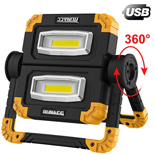 RUNACC LED Luz de trabajo Plegable USB recargable Portátil Luz de inundación Soporte Luces de trabajo con rotación de 360 ° (Amarillo)