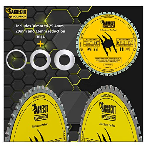 SabreCut SCCSM230_44 - Hoja de sierra circular para Bosch Dewalt Makita Milwaukee y muchos otros (230 mm, 44T x 30 mm, 25,4 mm, 20 mm, 16 mm)