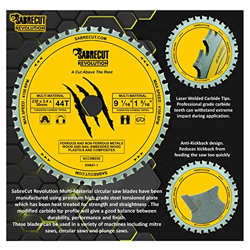 SabreCut SCCSM230_44 - Hoja de sierra circular para Bosch Dewalt Makita Milwaukee y muchos otros (230 mm, 44T x 30 mm, 25,4 mm, 20 mm, 16 mm)