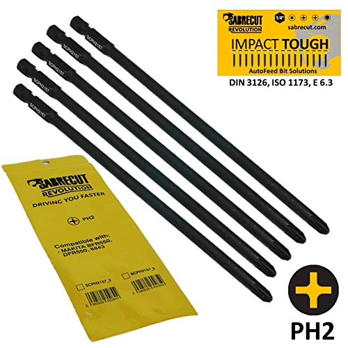 SabreCut SCPH2157_5 - Destornillador para pared de yeso con autoalimentación PH2 (157 mm, punta Phillips de punta simple, n.º 2, resistente, para Makita BFR550 6843 DFR550