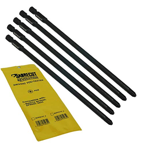 SabreCut SCPH2157_5 - Destornillador para pared de yeso con autoalimentación PH2 (157 mm, punta Phillips de punta simple, n.º 2, resistente, para Makita BFR550 6843 DFR550